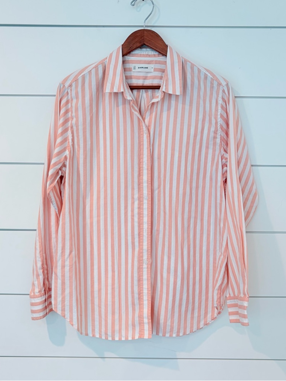 Everlane Striped Button Up Shirt Peach White Coastal Prep Hamptons 14 Balletcore